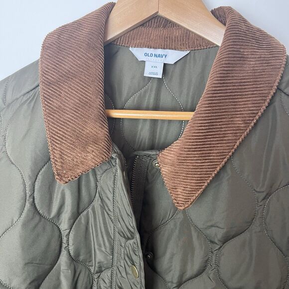 Old Navy Quilted Olive Pine Green Barn Jacket Corduroy Collar Coat XXL 270 - Picture 5 of 10